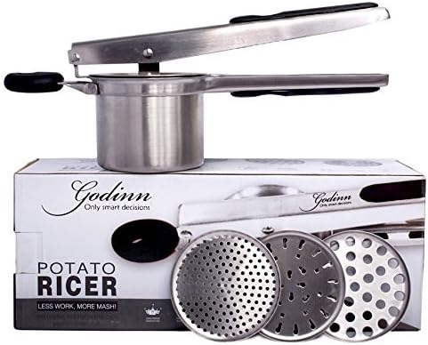 Potato Ricer & Masher By Godinn Durable Stainless Steel Construction Ergonomic Silicone Handles Ideal For Potatoes, Carrots, Cauliflower & More Heavy Duty, Baby Food Strainer