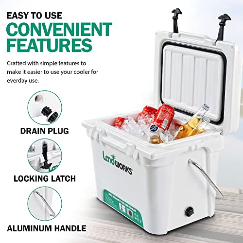 Landworks Rotomolded Ice Cooler 20QT (Upgraded) Up to 5 Day Ice Retention Commercial Grade Food Safe Dry Ice Compatible UV Protection 15mm Gasket Bottle Openers Low Profile Latches