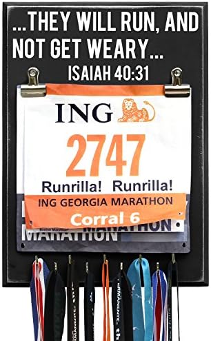 Runrilla Medal Hanger Inspirational Quote They Will Run and Not Get Weary - Isaiah 40:31 - Black - 9 Hooks