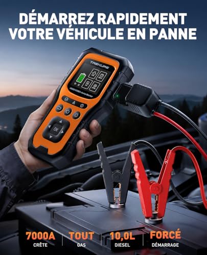 Car Battery Booster with OBD2 Diagnostic, 7000A Car Starter (All Gas or 10.0L Diesel), French Diagnostic OBD with Voltage Tests, Booster with OBDII Diagnosis, Screen, Clip, LED
