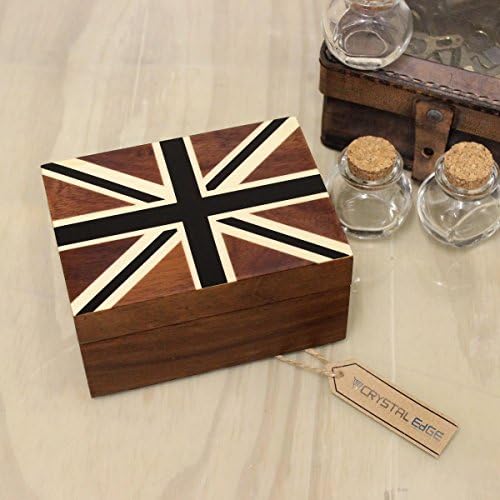 Teak Storage Box Union Jack Black Velvet Lined Mens Luxury Gift 15cm x 11cm
