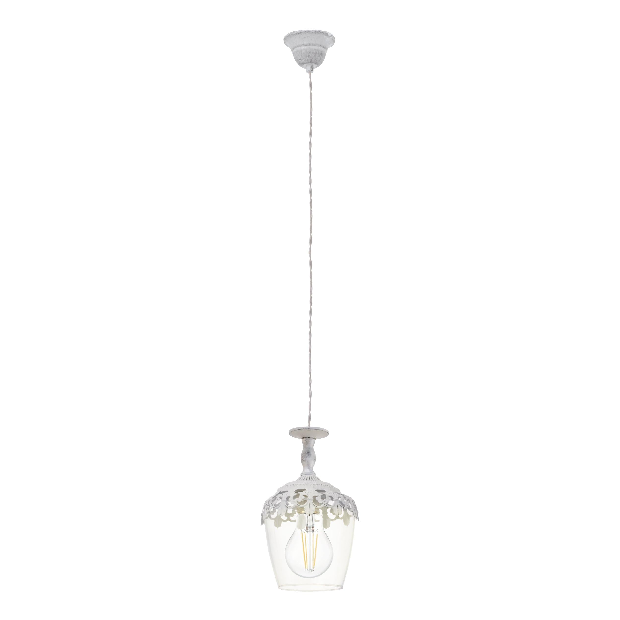 Eglo Pendant Light Sudbury, 1-Light Hanging Lamp Vintage, Retro, Pendant Lamp Made of Steel and Glass in White Patina, Clear, Dining Table Light, Hanging Living Room Lamp with E27 Socket