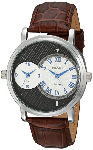 August Steiner Men's AS8146SSBR Silver Dual Time Zone Swiss Quartz Watch with Black Dial and Cognac Leather Strap