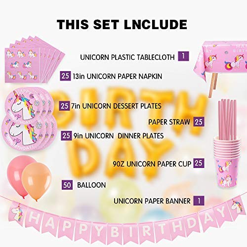 Unicorn Party Supplies Unicorn Birthday Decorations Set Includes Disposable Paper Plates, Cups, Napkins, Straws, Tablecloth, Decorations Balloons, Decorations Bunting, Serves 25, 177PCS