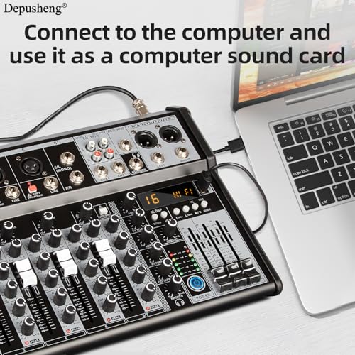 Depusheng Professional Audio Mixer, 4 Channel Audio Mixer System, 16-Bit DSP-DJ Bluetooth Mixer + 48V Phantom Effect for Karaoke Streaming Recording (XT7 EU)