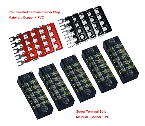 UPC 701142406704, 5 Pcs Dual Row 5 Position Screw Terminal Strip 600V 15A + 400V 15A 5 Postions Pre Insulated Terminal Barrier Strip Red /Black 10 Pcs