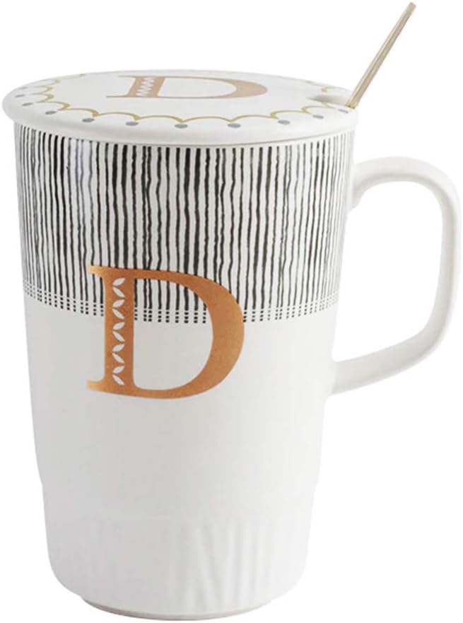 Large Ceramic Coffee Mug with Lid Spoon, Novelty Drinking Tea Cup with Gold initials design, Personalized Mugs Gift for Office and Home Use , Multi-Colour , 17 oz , Letter D