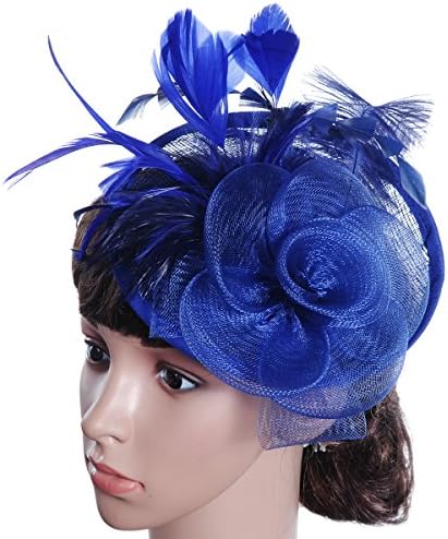 Quesera Women's Fascinator Hat Sinamay Feather Flower Pillbox Derby Cocktail Headwear, Royal Blue, free size