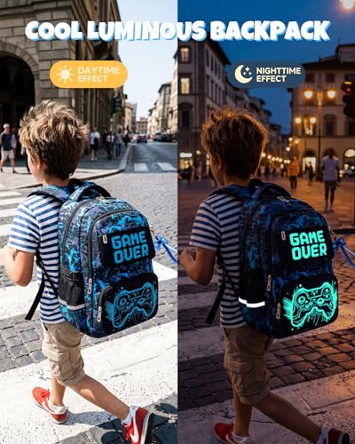 Amythe 3-Piece Luminous Backpack for Boys and Girls, Waterproof Durable School Bag, Children's School Bag with Lunch Bags and Large Capacity Pencil Case for Travel, Blue