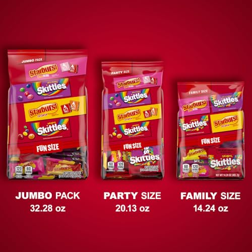 SKITTLES ORIGINAL, SKITTLES WILD BERRY & STARBURST ORIGINAL AND STARBURST FAVEREDS FUN SIZE CHEWY CANDY VARIETY BAG, PARTY SIZE, 20.13 OZ BULK BAG