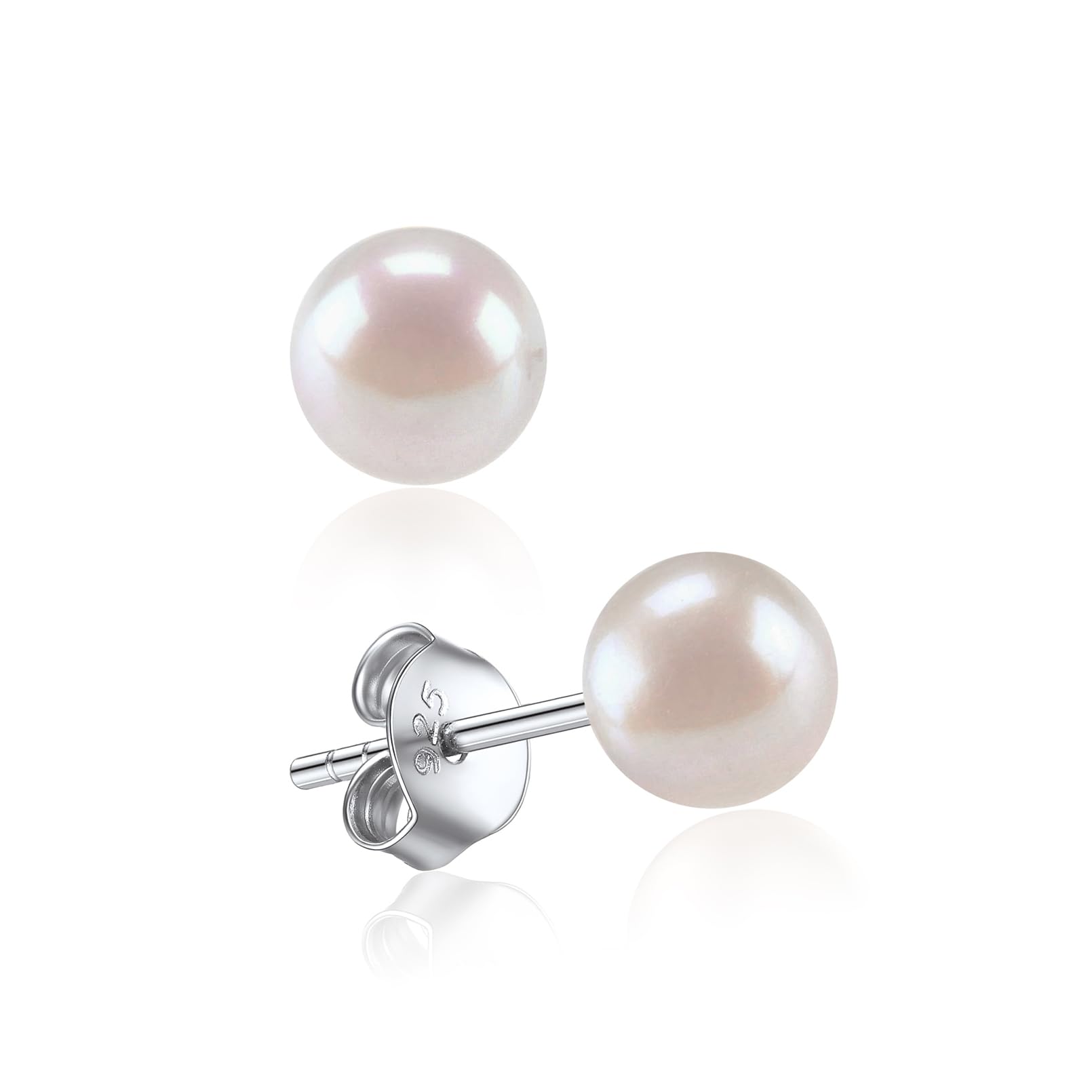 ChicSilver Earrings Women 925 Sterling Silver Cultured Pearl Stud Earrings 6mm Freshwater Pearl Jewellery for Sensitve Ears
