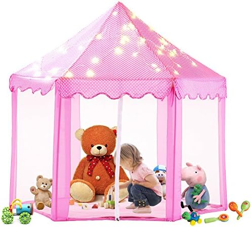 Kids Play Tent with LED Star Lights and Carry Bag - Pink Hexagon Princess Castle Children Playhouse for Indoor Outdoor Games (Pink)