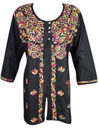 Mogul Womens Indian Tunic Shirt Cotton Black Button Front Chikankari Embroidered Blouse Top
