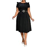 Elainone Women Short Sleeve A Line Dress Party Wedding Guest Ruffles Shoulder Church Dresses with Belt