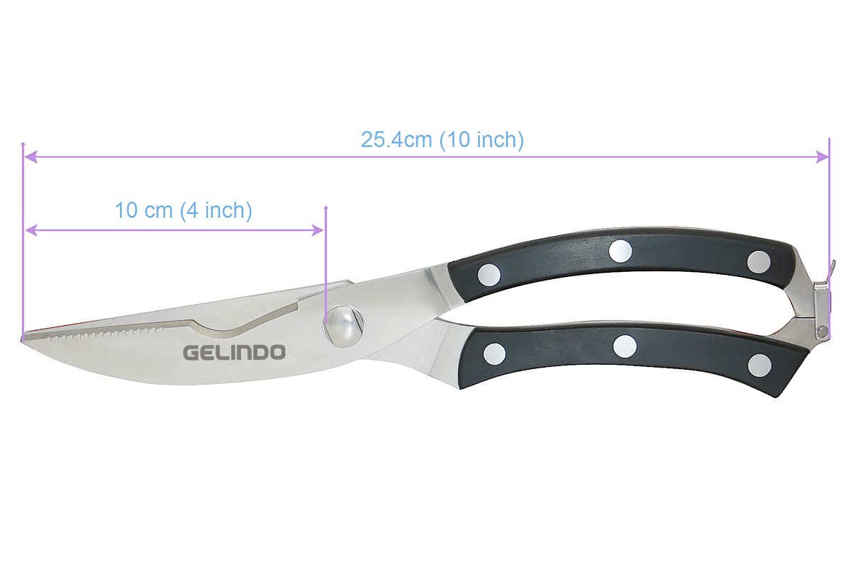 Gelindo Kitchen Scissors - Heavy Duty Stainless Steel- Spring Loaded Shears - Sharp Blade- Safety Clip- Rust Free- Comfortable Handle- Great for Poultry, Fish, Chicken, Beef, BBQ, Herbs & Plastic