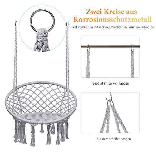 COSTWAY Hängesessel Hängestuhl zum Aufhängen, Hängesitz belastbar bis 150 kg Hängeschaukel 80x60x125cm (Grau) – Bild 5