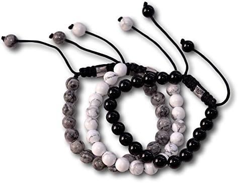 Adjustable Friendship Healing Beaded Stone Bracelets Jewelry Set for Men Women - White Howlite Black Onyx and Gray Map Stone