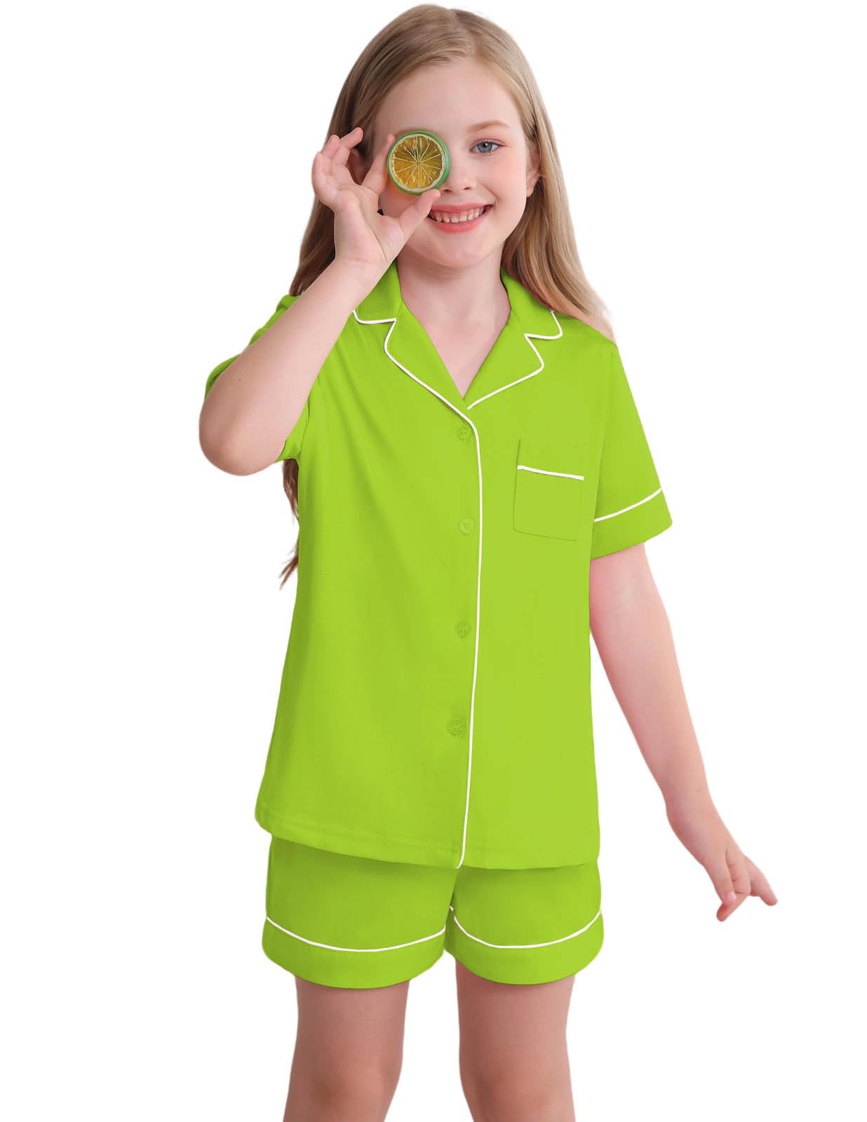 View 1 of **THIS IS LONG SLEEVE AND PANTS-SAME COLOR****Veseacky Girl Pajamas LONG  Sleeves Pajama Set Button Down Lounge Sets Soft Pjs Kids Sleepwear Green Size 8