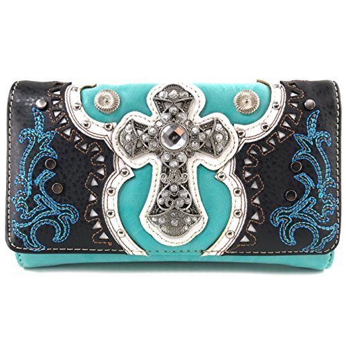 Justin West Concealed Carry Laser Cut Square Concho Embellishment Cross Studded Antique Embroidery Handbag/Wallet/Messenger Purse (Turquoise Wallet Only)