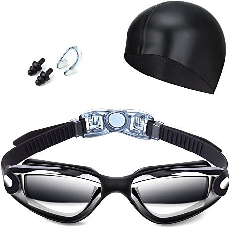 Targher Swim Goggles, Swimming Goggles Anti-Fog UV Protection Waterproof with Soft Silicone Swimming Cap Nose Clip and Earplug for Adult Men Women Youth Kids Child
