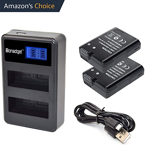 Bonadget 2 Pack Battery and Dual LCD Charger for Nikon EN-EL14 Nikon EN-EL14a and Nikon Coolpix P7800 P7700 P7100 P7000 Nikon Nikon D3100 D3200 D3300 D3400 D5100 D5200 D5300 D5500, P7000 P7100 P7700