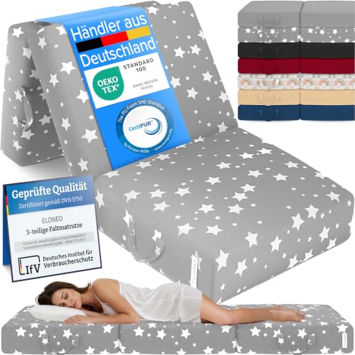 ELONEO Klappmatratze, Gästematratze, 3-teilige Faltmatratze, Schaumstoff extra dick (15cm), waschbar, Bandscheibenwürfel, klappbar, Faltbare Matratze,