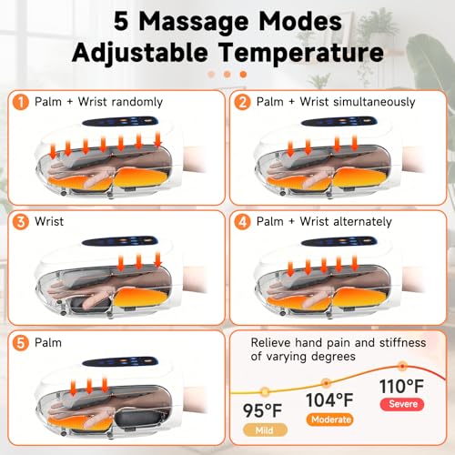 Hand Massager with Heat and Compression, Cordless Hand Massager for Arthritis and Carpal Tunnel, 3 Modes, 5 Levels, Pain Relief Heated Wrist Finger Massage, Gifts for Women Men Relaxation at Office