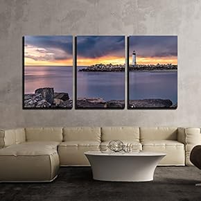3 Piece Canvas Wall Art - Landscape with Lighthouse During Sunset - Modern Home Art Stretched and Framed Ready to Hang - 16"x24"x3 Panels