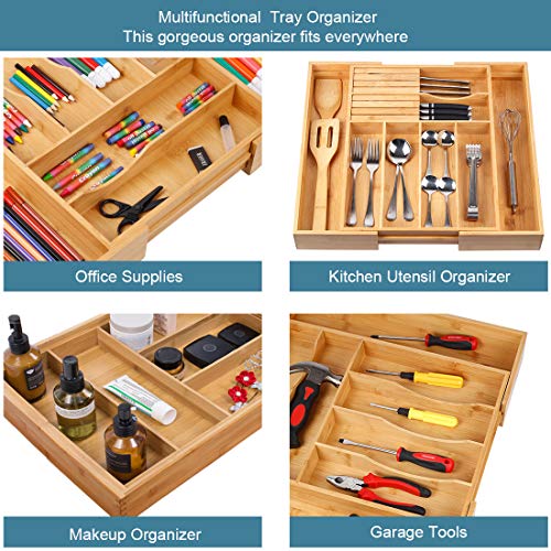 Utensil Drawer Organizer Bamboo Flatware Organizer Expandable Kitchen Silverware Organizer Cutlery Tray with 2 Removable Knife Blocks 8 Compartments Kitchen Tray for Utensil, Cutlery, Flatware, Silver
