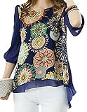 Vonfon Women Floral Print Loose Plus Size Back Pleated Chiffon Blouse Tops Blue, Large