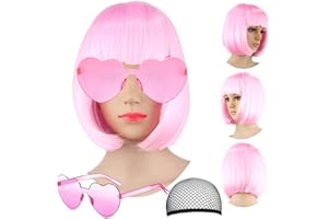 Short Bob Hair Wigs Straight with Flat Bangs Synthetic Colorful Cosplay Daily Party Neon Wig for Women + Free Wig Cap 14" Nat