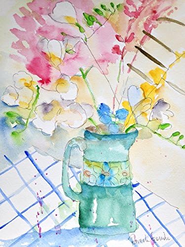 Freesias, Fireweed, Ceanothus and Willow Wattle Branch in a Japanese Vase, 9 by 12 inches - Hand Painted Watercolor