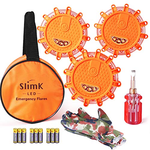 SlimK 3 Pack LED Road Flares, Roadside Safety Discs -Emergency Warning Light Flashing Beacon Kit for Cars Motorcycle Bikes Trucks Boats,Instant Turn-Off Feature.Come with Storage Bag