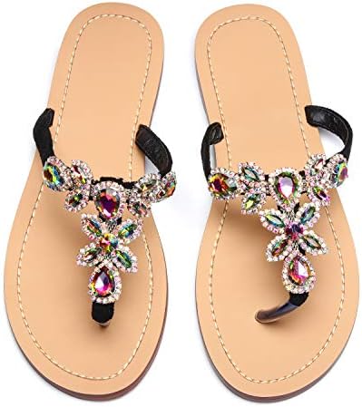 azmodo Women's Black Jeweled Hand Crafted Crystal Flip Flops Rhinestones Flat Sandals Y22