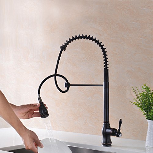 GICASA Solid Brass High Arch Oil Rubbed Bronze Single Handle Pull Out Sprayer Kitchen Sink Faucet, Commercial Style Bronze Pull Down Spring Kitchen Faucets