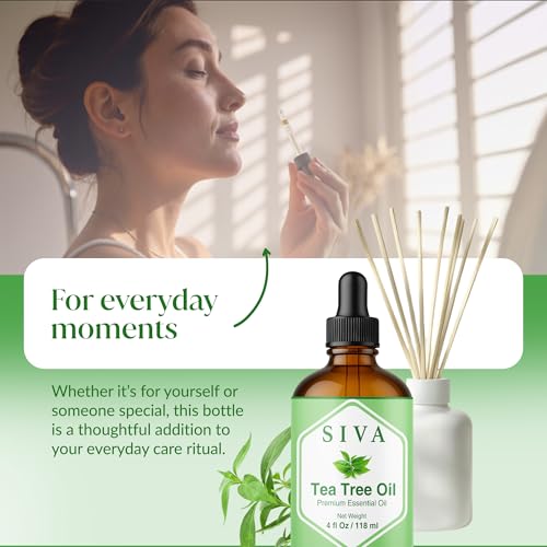 SIVA Tea Tree Essential Oil - 4 Fl Oz – Natural Tea Tree Oil - for Diffuser, Face, Skin Care, Aromatherapy, Hair Care, Scalp and Body Massage - with Dropper