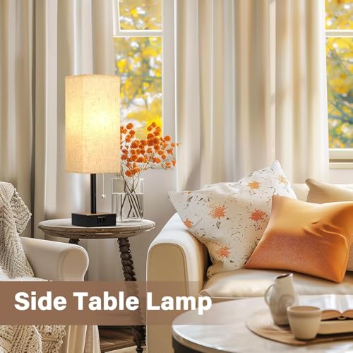 Bedside Table Lamps, Set of 2 - Small Rectangular Nightstand Lamp with AC Outlet Charging Port, 3 Color Temperatures Desk Light with Bulb, Tabletop Reading Lamp for Living Room, Dorm, Office