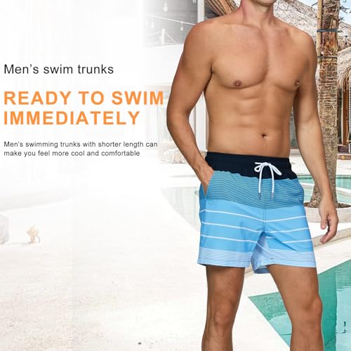 Bañador Hombre Secado Rapido Respirable Traje de Baño Estampado Ligero Boxer Calzones Bano para Natacion Playa Surf de Bolsillo con Cremallera Rayas Azules y Blancas L