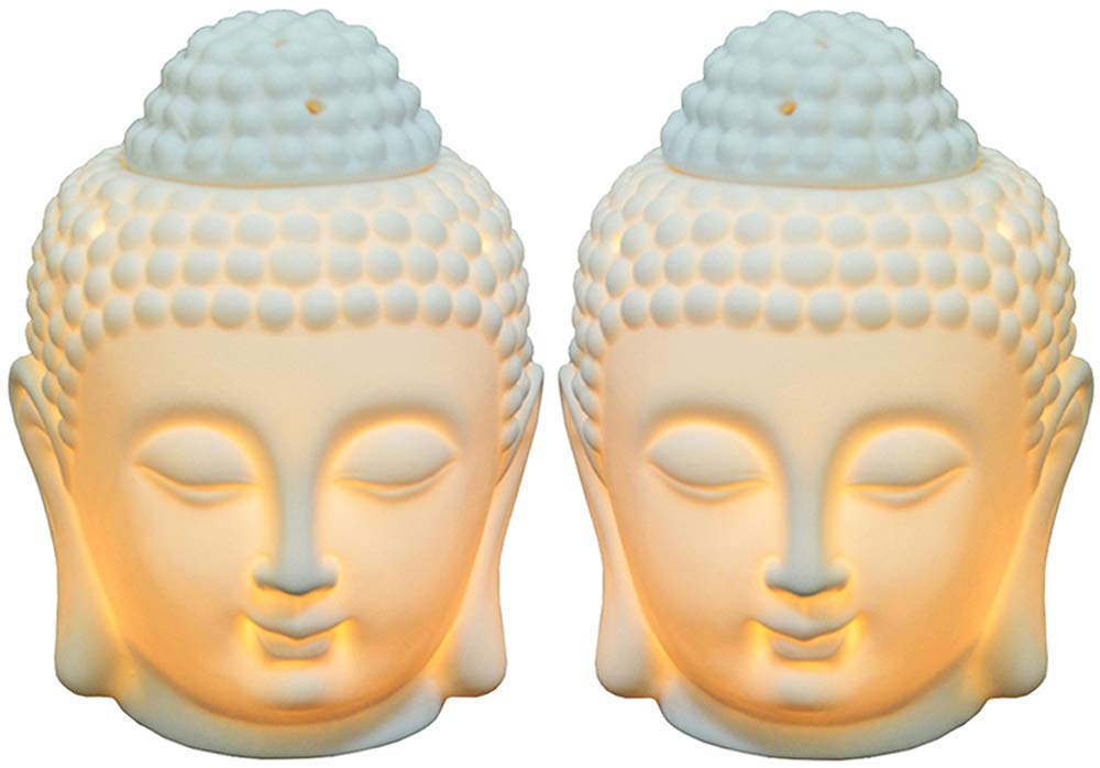 Set of 2 Buddha Head Statue Essential Furnace Oil Candle Burners Ceramic Aromatherapy Diffusers for Yoga Spa Pilates Meditation Room Home Decor Gift (White)