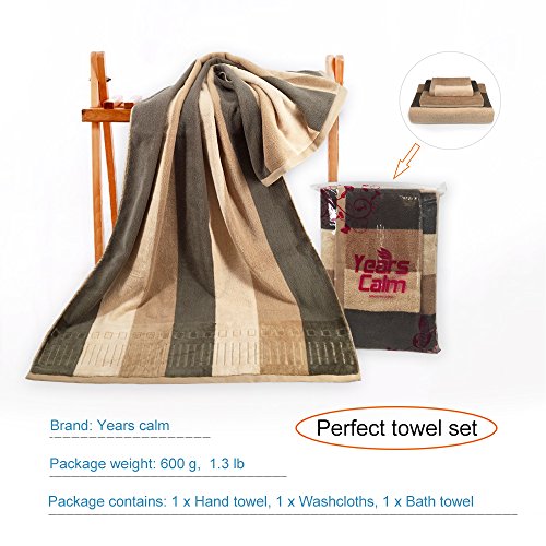 Years Calm 3 Pack Cotton Towel Sets Eco Friendly Soft Absorbent Striped Hand Towel, Washcloths and Bath Towel for Hotel Spa Bathroom (Beige) - Thumbnail 6