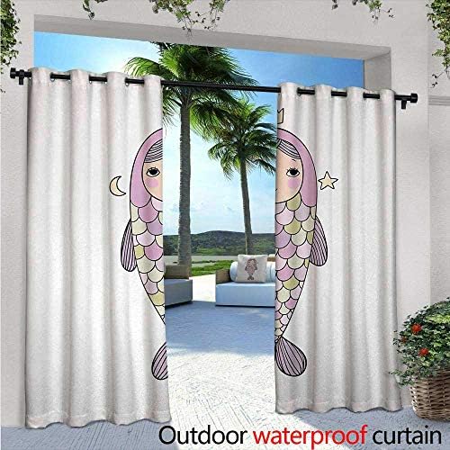 Mermaid Outdoor Privacy Curtain for Pergola W84" x L108" Fantasy Sea Life Mythological Character Girl in Fish Costume with Crown Moon Stars Thermal Insulated Water Repellent Drape for Balcony Multico