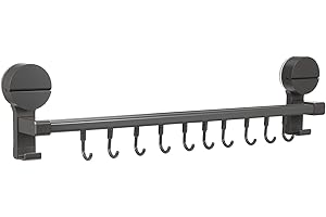 Healeved No-Drill Kitchen Utensil Hanger with 10 Movable Hooks, Gray Double Rod Suction Cup Rail for Cooking
