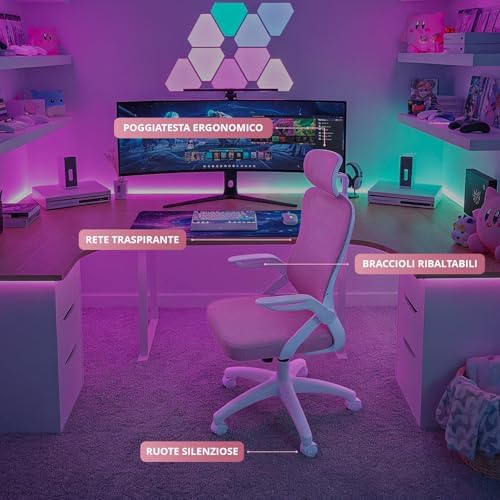 DRAIR35 – Sedia da Scrivania Ergonomica per Ufficio e Casa in Rete Tesa Traspirante, Reclinabile 90-120°, Poggiatesta e Braccioli Pieghevoli, Supporta fino a 120 kg, Rosa-Bianco