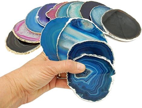 4 (FOUR) Silver Plated Edge Agate Coaster - Blue Colored Silver Plated Agate Coasters Rock Paradise COA