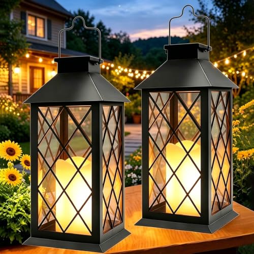Joycome Solar Lanterns Outdoor 2 Pieces Solar Lamp Outdoor Garden with Flashing Candle, Waterproof Terrace Decoration, Solar Lantern for Garden, Table, Terrace, Fence, Tomb and Gifts – Black