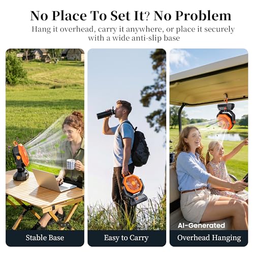 AJVV Camping Fan with Light, Remote and Oscillation, Battery Powered Hanging Tent Fan, Rechargeable Portable for Camp, Outdoor, Emergencies, Fishing, RV Travel, Jobsite