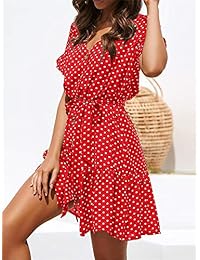 Saikesigirl - Vestido bohemio de manga corta con volantes y cinturón, para mujer