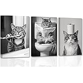 CCWACPP Cat Bathroom Wall Art 3 Pieces Funny Bathroom Animal Pictures Cute Cat Canvas Black and White Animal Print Restroom Toilet Decor Framed (11x14inchx3Pcs)