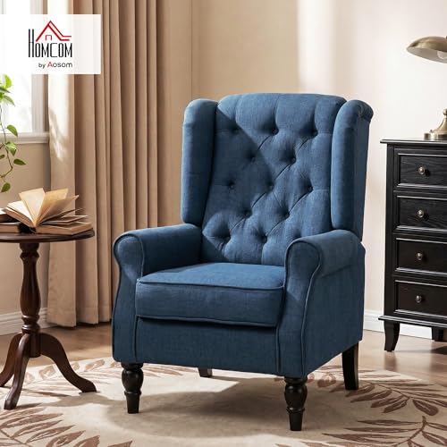 HOMCOM Fabric Accent Chair, Button Tufted Armchair, Upholstered Modern Living Room Chair, Wingback Chair with Wood Legs, Rolled Arms, Thick Padding for Bedroom, Blue