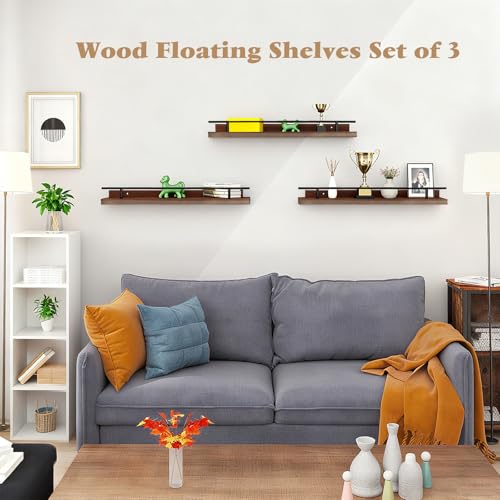 VINATO Set of 3 Wooden Wall Shelves 40 x 15 x 4.5 cm for Kitchen, Living Room, Office and Bedroom, Wall Shelf, Brown